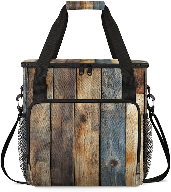 Rustic Wood Pattern Coffee Maker Travel Bag for Keurig K-Mini/K-Mini Plus Insulated Waterproof Tote with Pockets for K-Cup Portable Single-Serve Brewer Case