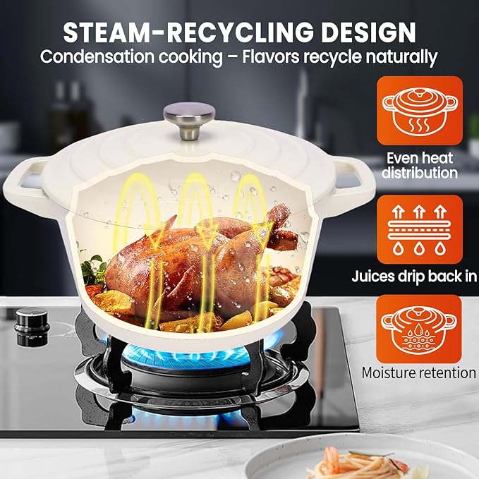 Hisencn Stackable Enamel Cookware Set 5-Piece – 5.2QT Pot with Lid 10-in Skillet 4QT Frying Pan with Universal Glass Lid Space-Saving Design Oven and Stovetop Safe (Up to 500°F) Cream White