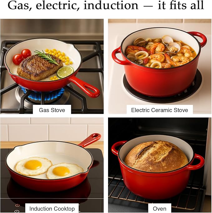 QuliMetal Nonstick Enameled Cast Iron Cookware Set 4-Pcs Pots and Pans with Lid Healthy Round Dutch Oven Pot for Sourdough Bread Baking Oven Safe up to 500° F or on All Stovetop