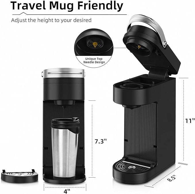 Single Serve Coffee Maker Slim One Cup Brewer with Reusable Filter Compact Pod Coffee Machine 6-12oz