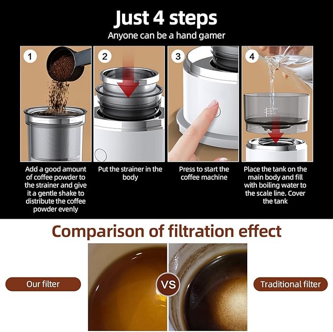 Coffee Maker with Stainless Steel Filter with Precise Temperature Control Heat Resistant Compact Lightweight Travel Coffee Dripper BrewerPortable Coffee Maker for Home Cafe Office White
