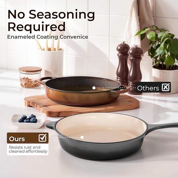 Kitchen Academy 7Pcs Enameled Cast Iron Cookware Sets - Non Toxic Pots and Pans Set Grey Induction Nonstick Cookware Set PFOA&ampPFAS Free