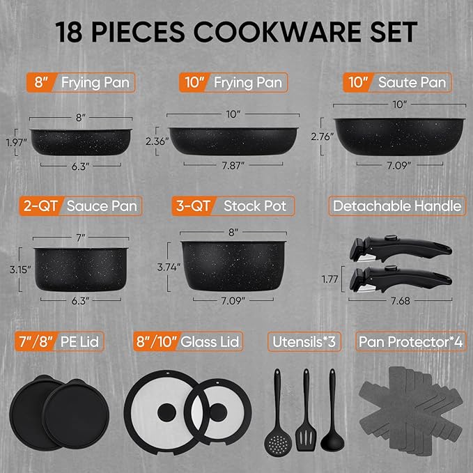 Vesteel 18Pcs Pots and Pans Set Nonstick Cookware Set with Detachable Handle Stackable RV Kitchen Cooking Utensils Set Black