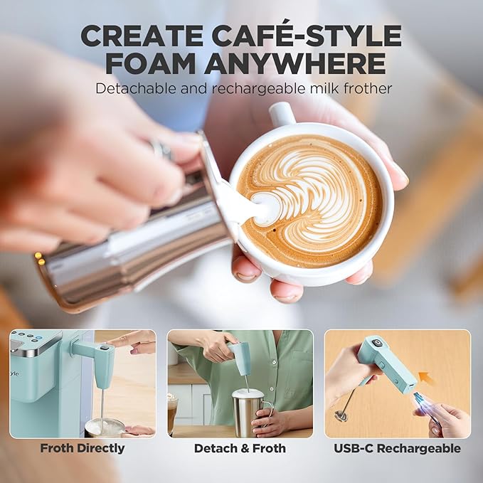 Single Serve Coffee Maker with Built-in Detachable Milk Frother Iced and Hot Coffee Machine for K Cup &amp Grounds 40oz Removable Water Reservoir 6 Cup Sizes Fits 7.3 Travel Mug Teal