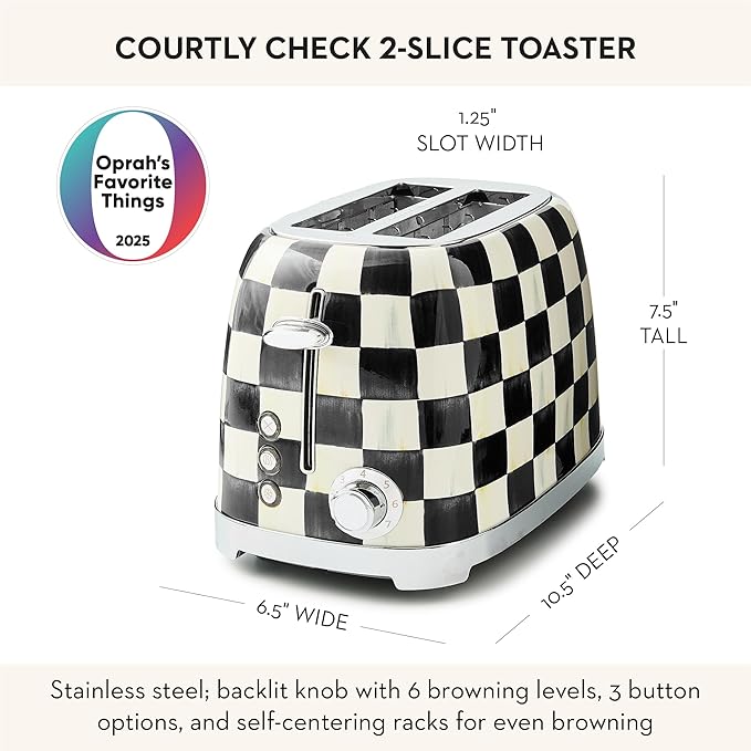MACKENZIE-CHILDS 2-Slice Toaster Decorative Toaster for Kitchen Black-and-White Courtly Check