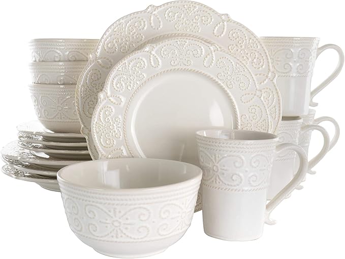MISC 16 Piece Embossed Scalloped Stoneware Dinnerware Set in White Textured Casual Round Dishwasher Safe