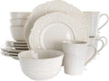 MISC 16 Piece Embossed Scalloped Stoneware Dinnerware Set in White Textured Casual Round Dishwasher Safe