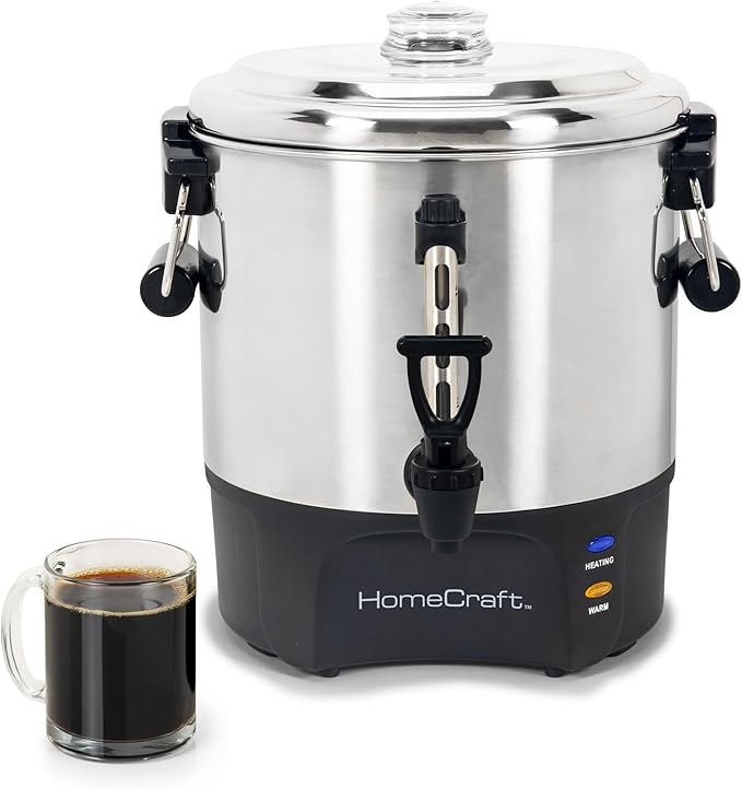 Homecraft 40-Cup Beverage Urn – Quick Brew Stainless Steel Coffee Maker – Drip-Free Spout Reusable Filter – For Events Parties Large Gatherings – Stainless Steel