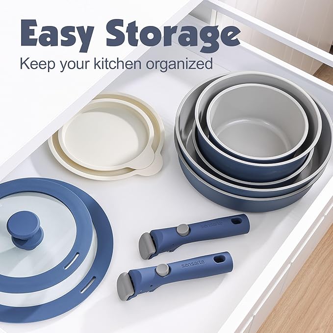 SENSARTE 24 Piece Ceramic Pots and Pans Set Nonstick Detachable Handle Cookware Induction Kitchen Cookware Set with Removable Handle Healthy Non Stick for RV Dishwasher＆Oven Safe PFOA Free (Navy)