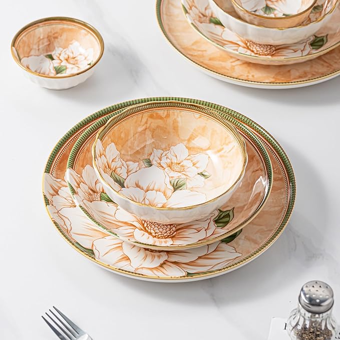 Plates and Bowls Sets for 4 16-Piece Dinnerware Set Ceramic Dish Sets for 4 with Camellia Floral Pattern Microwave &amp Dishwasher Safe for Everyday Use &amp Gift Giving