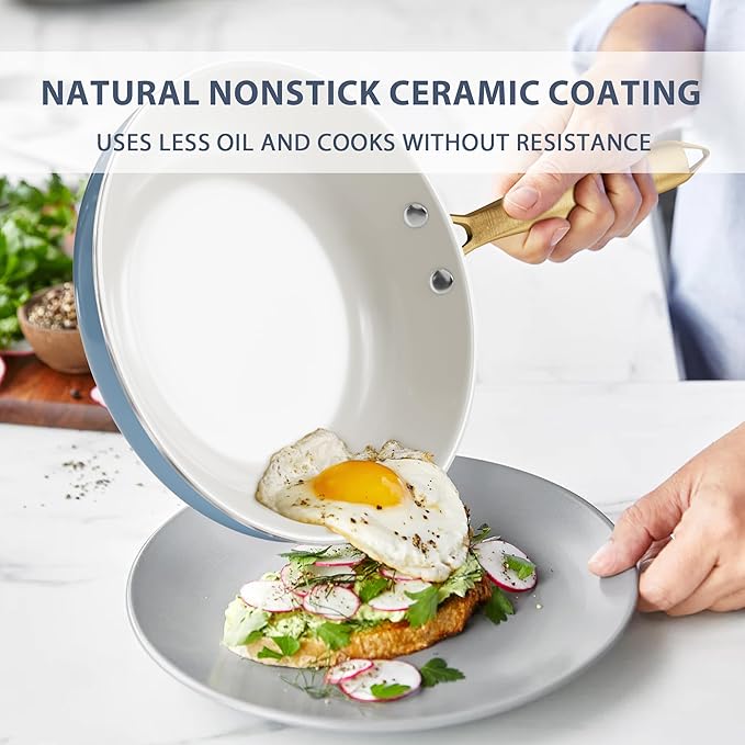 Ceramic Cookware Set VONIKI 16 Pcs Pots and Pans Set Non Stick Kitchen Cookware Sets with Cooking Utensils Set Non Toxic Cookware Set White Gold Pan Set for Cooking Pot Oven &amp Dishwasher Safe