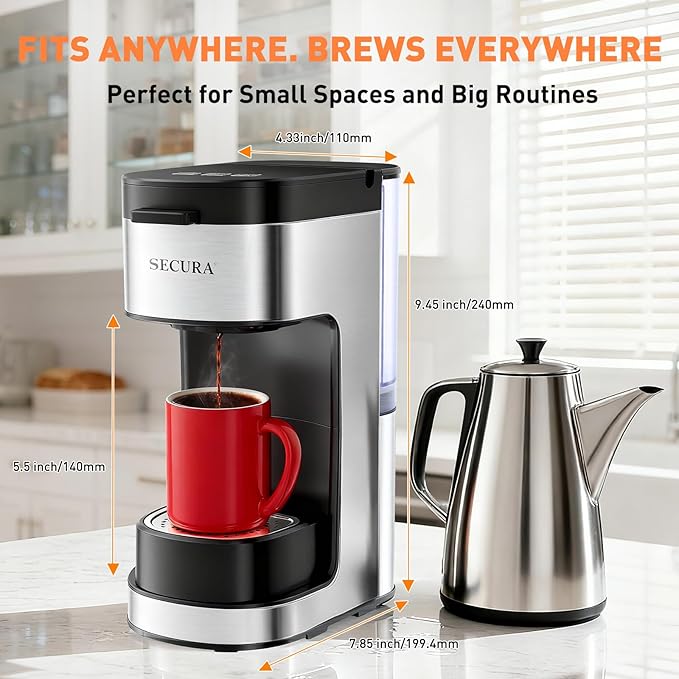 Secura Single Serve Coffee Maker K Cup and Ground 2-In-1 Coffee Maker with 3 Brew Modes Removable Reservoir &amp Drip Tray 6 to 12 Oz Brew Sizes