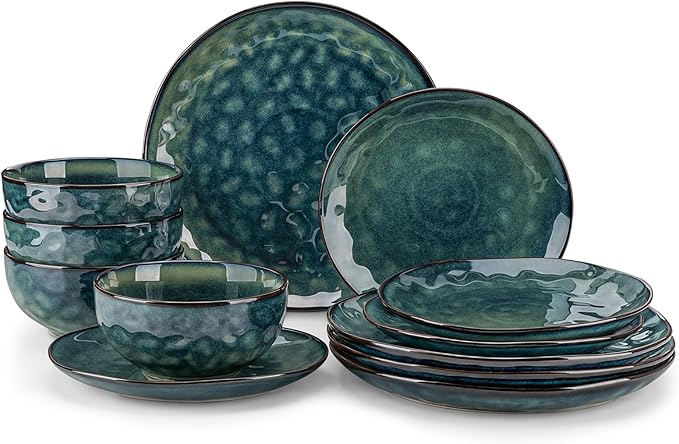 vancasso Starry Dinnerware Set for 4 Handmade Reactive Glaze Stoneware 12 Pieces Plates and Bowls Sets Dishwasher and Microwave Safe Dish Set Green