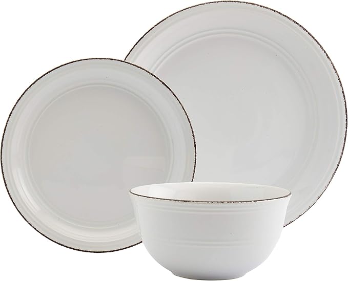 Tabletops Gallery Fashion Dinnerware- Stoneware White Rimmed Round Dishes Service for 4 Dinner Salad Appetizer Dessert Plate Bowls 12 Piece White Antiqued Farmhouse Dinnerware Set