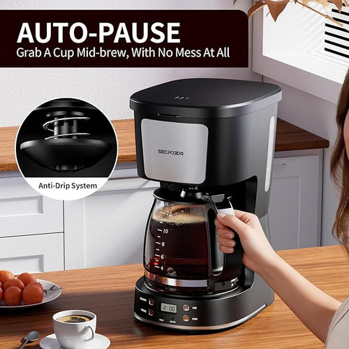 12-Cup Drip Coffee Maker with Reusable FilterProgrammable ClockAuto BrewWater WindowKeep Hot PlateGlass CarafeCompact Design for KitchenOfficeSilver and BlackStainless Steel