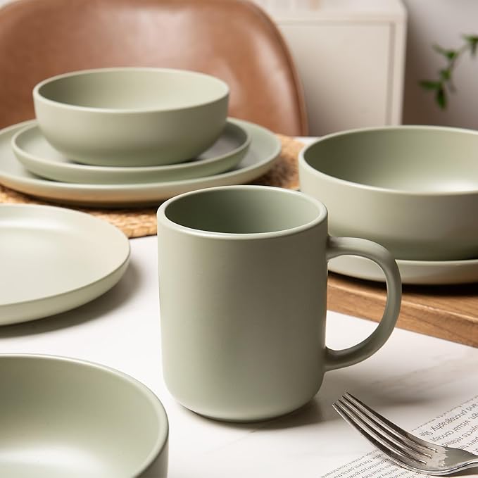 12-Piece Matte Green Dinnerware SetStoneware Dinnerware for 3 Microwave &amp Dishwasher Safe Stackable Design for Kitchen and Dining - PlatesBowls and Mugs