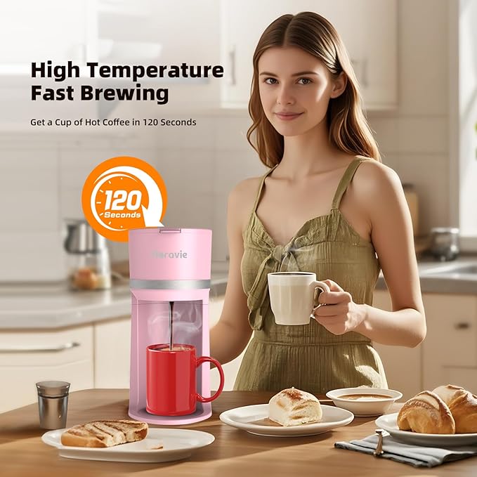 Mini Single Serve Coffee Maker for K Cup and Ground Coffee Fast Brew One Cup Coffee Machine with Descaling Reminder and Water Window 6 to 12 oz. Brew Sizes Pink