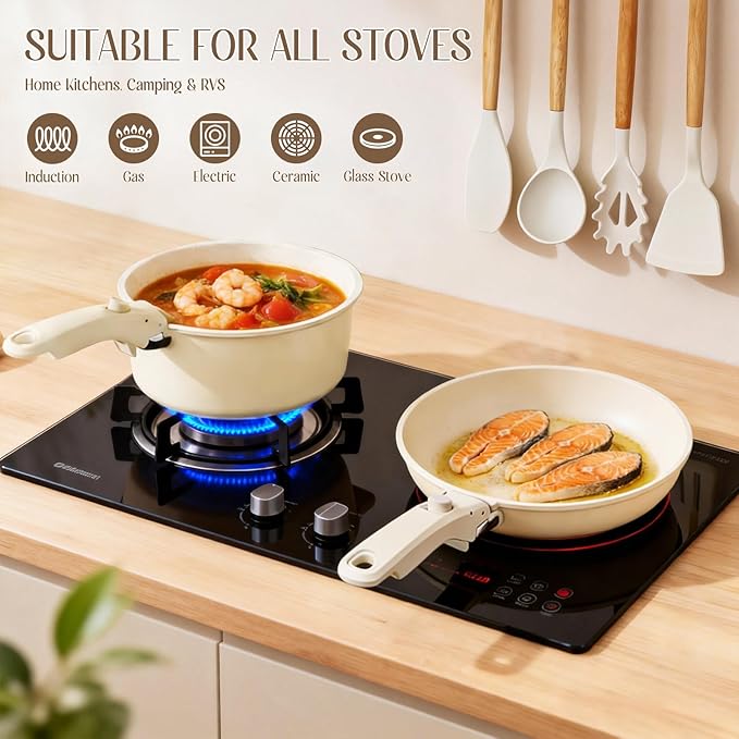 22PCS Non Stick Pots and Pans Set - Healthy Nonstick Cookware Set Detachable Handle Induction Kitchen Cooking Sets Dishwasher/Fridge/Oven Safe Space Saving Beige