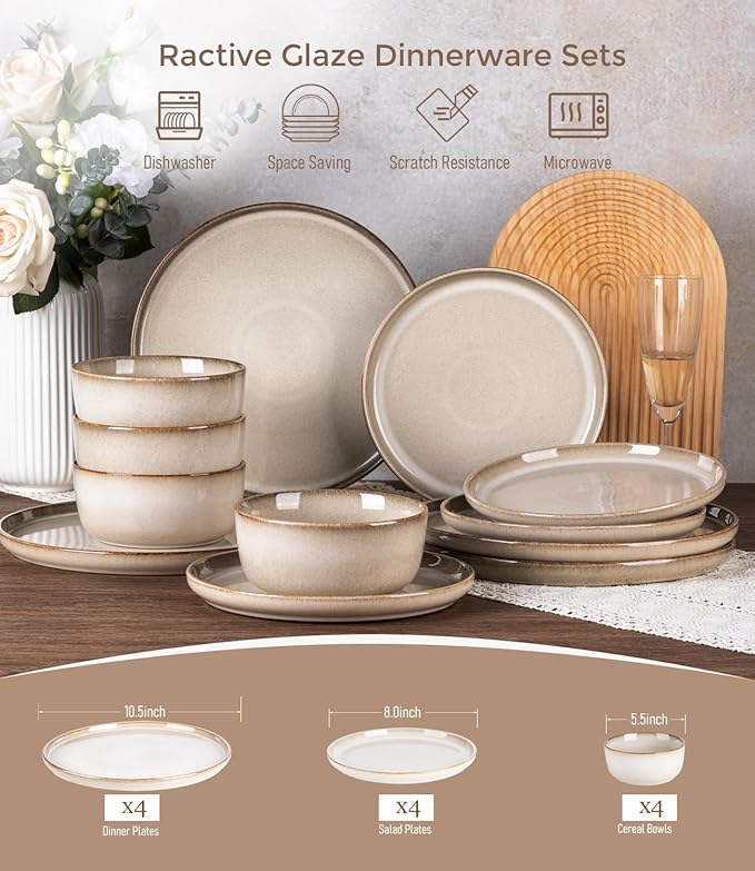 GBHOME Dinnerware Sets for 4 12 Pieces Stoneware Plates and Bowls Sets Scratch Resistant Ceramic Dishes Dishwasher &amp Microwave Safe Reactive Glaze-Almond Cream