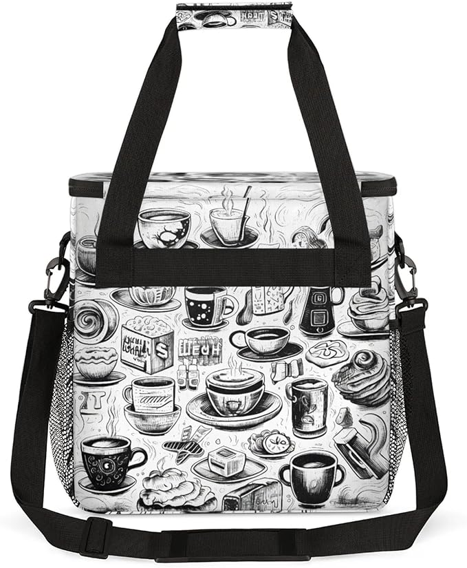 Coffee Print Coffee Maker Travel Bag for Keurig K-Mini/K-Mini Plus Insulated Waterproof Tote with Pockets for K-Cup Portable Single-Serve Brewer Case