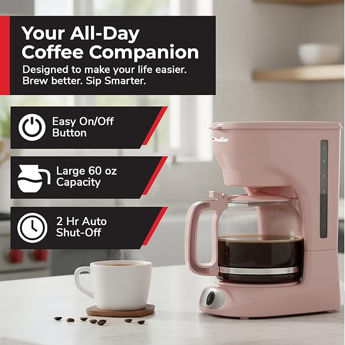 MUELLER HOME 12-Cup Pink Coffee Maker - Borosilicate Carafe Auto-Off Pink Kitchen Accessories Reusable Filter Anti-Drip Kitchen Appliances Keep-Warm Function