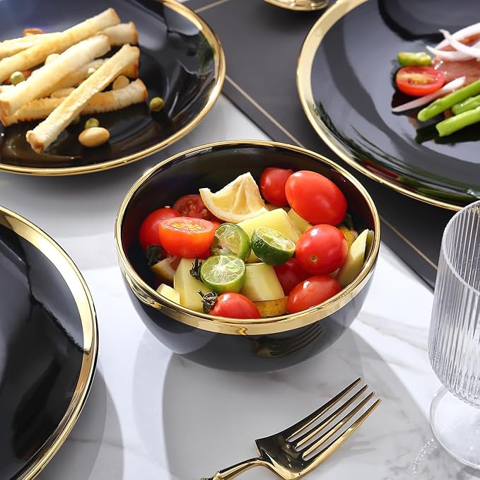 16-Piece Black and Gold Dinnerware Set for 4 Elegant Porcelain Plates and Bowls Set with Golden Rim Modern Luxury Tableware Service Complete Dish Set for Home Dining and Gifts