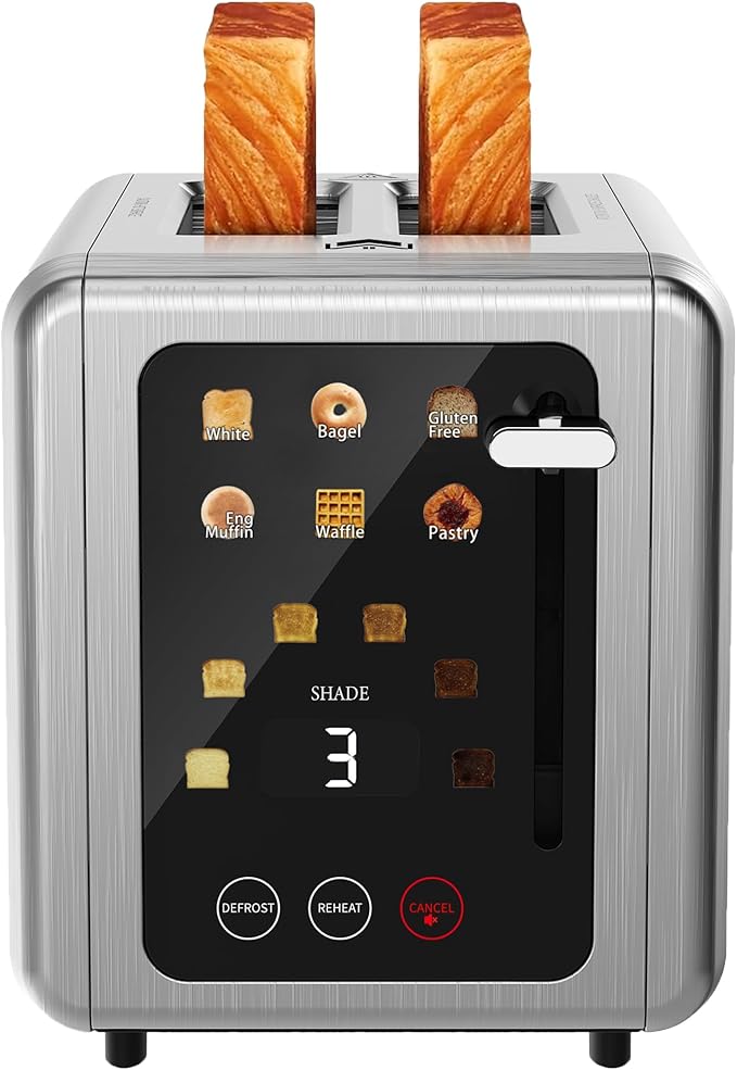 Touch screen Toasters 2 slice Stainless Steel Digital Timer Toaster with Sound Function 6 Bread Types &amp 6 Shade Settings Smart Extra Wide Slots Toaster with Bagel Defrost FunctionsPlatinum