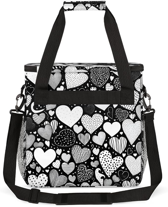heart Coffee Maker Carrying Bag White Black Portable Travel Storage Tote Bag Compatible with K-Mini or K-Mini Plus Single Serve Coffee Brewer Carrying Case with Multiple Pockets &amp Shoulder Strap