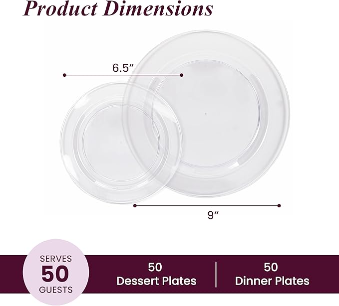 Aya's Cutlery Kingdom 100 Clear Plastic Plates for Party - Heavy Duty Disposable Set of 50 Dinner and 50 Dessert Plates - Elegant Plastic Disposable Plate for Weddings Parties and Special Events