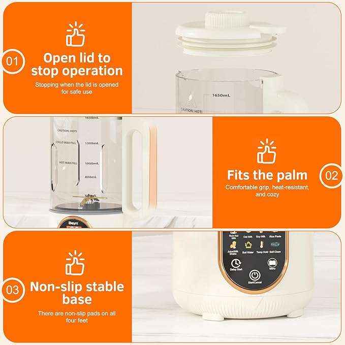 Beyn 10-in-1 Automatic Nut Milk Maker Machine 60oz Large Capacity with 𝟒𝟖 𝐓𝐢𝐭𝐚𝐧𝐢𝐮𝐦 Blades &amp Self-Cleaning. for Homemade Almond Soy Oat Milk Milkshake - Delay Start &amp Keep Warm Fu
