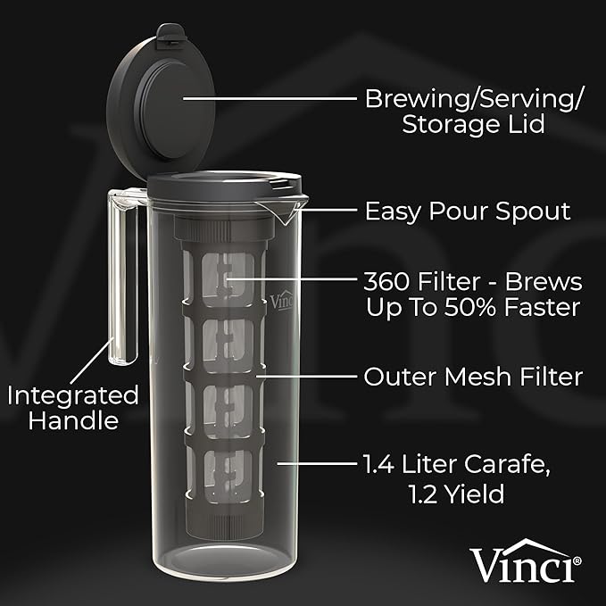 VINCI Cold Brew 360 Plastic Cold Brew Coffee Maker Featuring Patented Dual Filter 360 Brewing Technology Cold Brew for Iced Coffee (1.4 Liter / 47 FL.OZ)