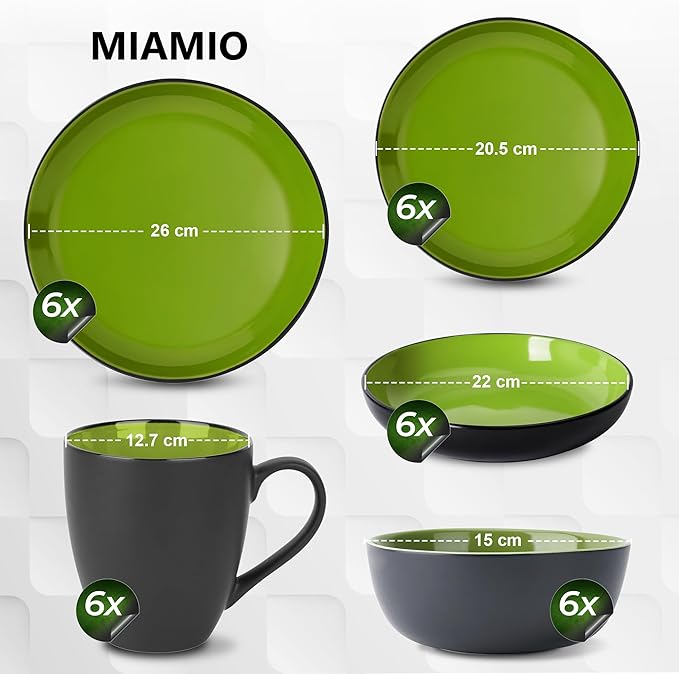 MIAMIO – Service for 6 Dishware Set/Stoneware Dinnerware Set – Including Plates Bowls and Mugs – Microwave &amp Dishwasher Safe – Le PaPillon Collection (Green 30-Pieces)