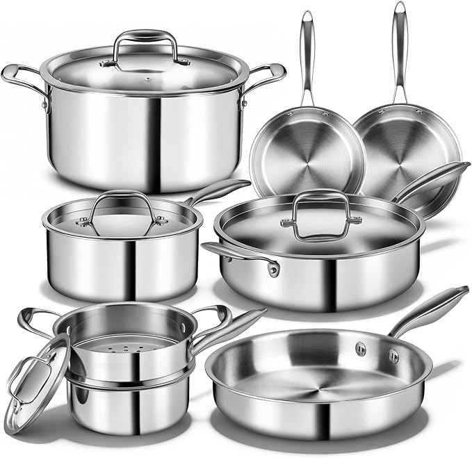 Triple Ply Stainless Steel Pots and Pans Set EWFEN 12 Piece Induction Cookware Set Oven Dishwasher Safe | Frying Pans Saucepans Saute Pan &amp Stock Pot PFOA Free Kitchen Skillet