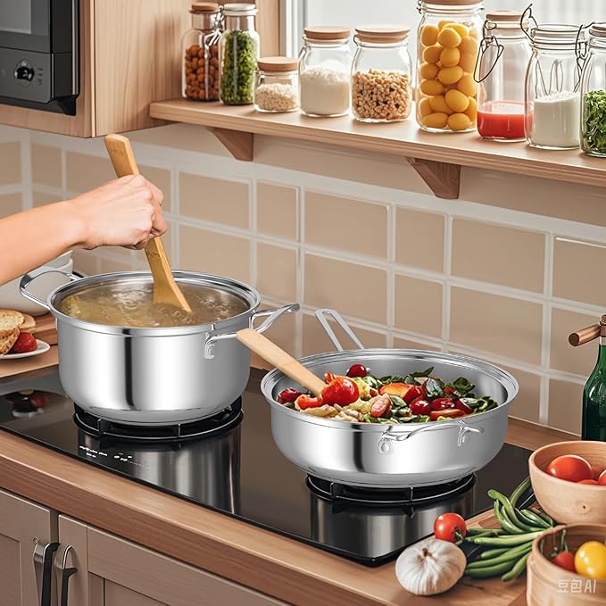 GOFLAME 12 Piece Pots &amp Pans Set Stainless Steel Cookware Set with Tempered Glass Lids Handles &amp 3-Ply Base 4 Stockpots 1 Frying Pan &amp 1 Sauce Pan for Stovetop Induction Halogen