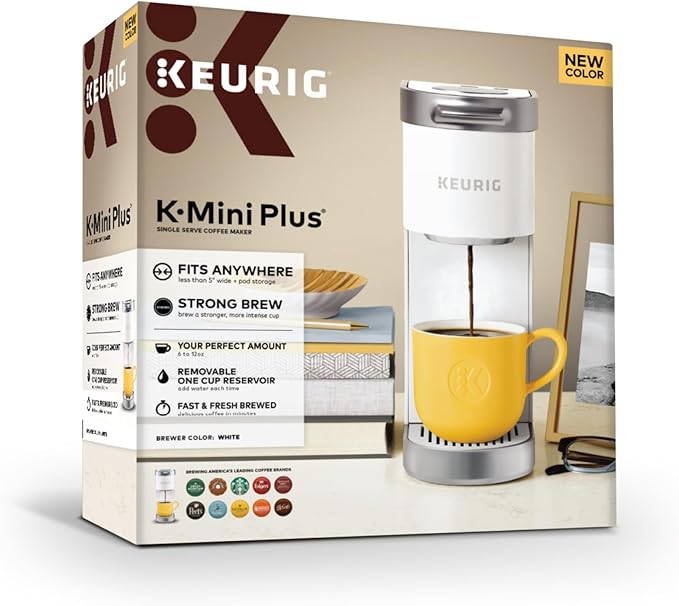 Keurig K-Mini Plus Single Serve K-Cup Pod Coffee Maker with 6 to 12oz Brew Size Stores up to 9 K-Cup Pods Travel Mug Friendly Matte White