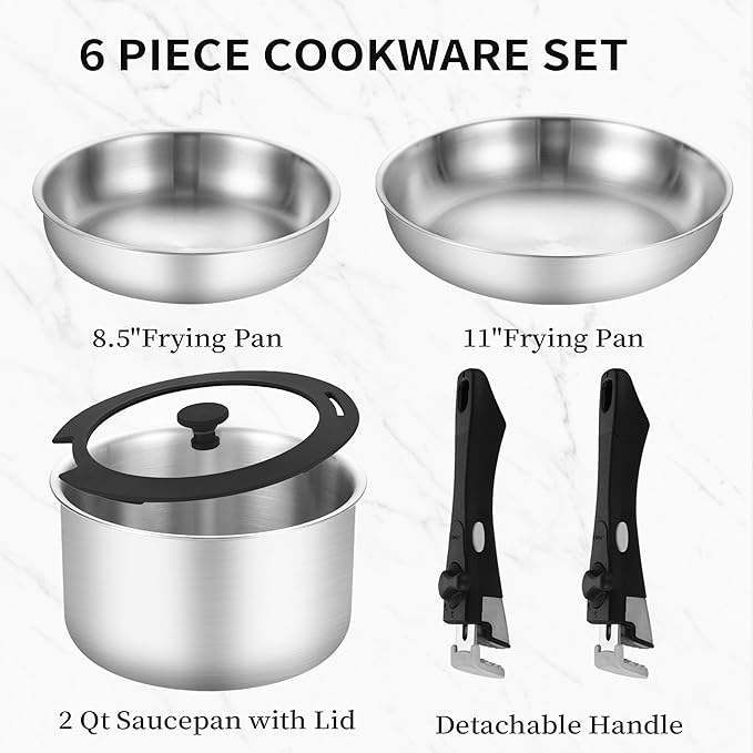 Inqibee Tri-Ply Stainless Steel Cookware Set with Detachable Handle Removable Handle Pots and Pans Set 6pcs Induction Kitchen Cooking Set for Home &amp RV Camping Dishwasher and Oven Safe