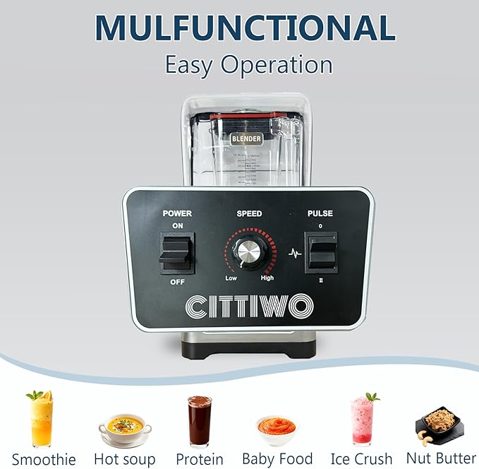Cittiwo Commercial Blender Heavy Duty Restaurant with 64oz Jar 2200W Professional-Grade Blender for Smoothies Ice Crush Frozen Drinks Quiet Shield Self-Cleaning