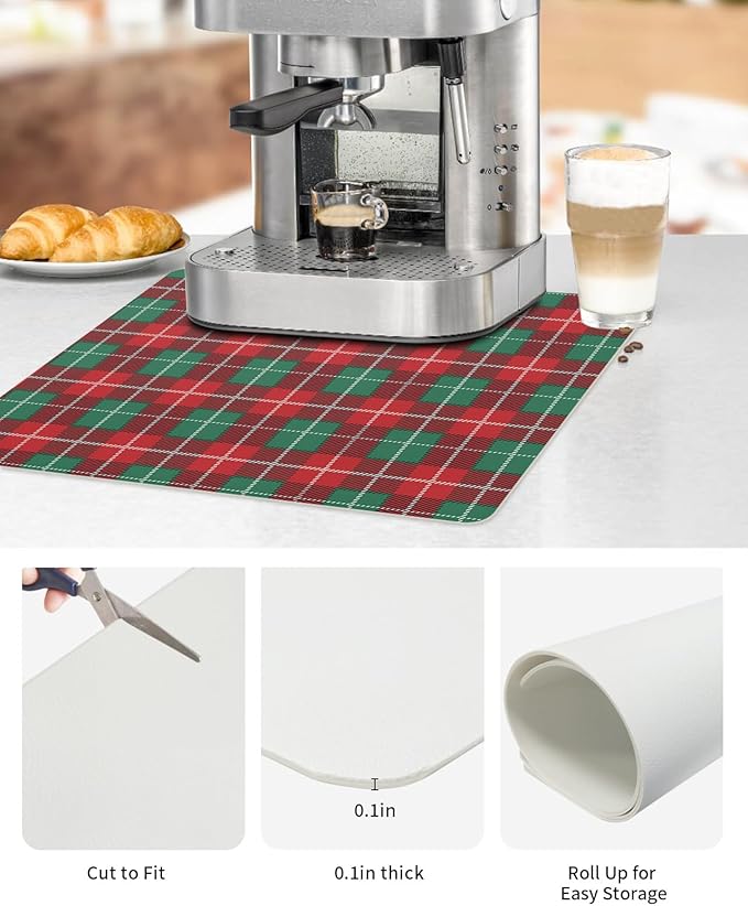 Coffee Mat for Counter Christmas Red Absorbent Hide Stain Coffee Bar Mat Non-slip Coffee Bar Accessories Kitchen Drying Mat Fit Under Coffee Maker Espresso Machine
