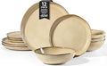 Herogo 12pcs Stoneware Dinnerware Sets for 4 Irregular Handmade Dinner Plates and Bowls Kitchen Dining Dish Dishware Set Microwave &amp Dishwasher Safe Cream Khaki