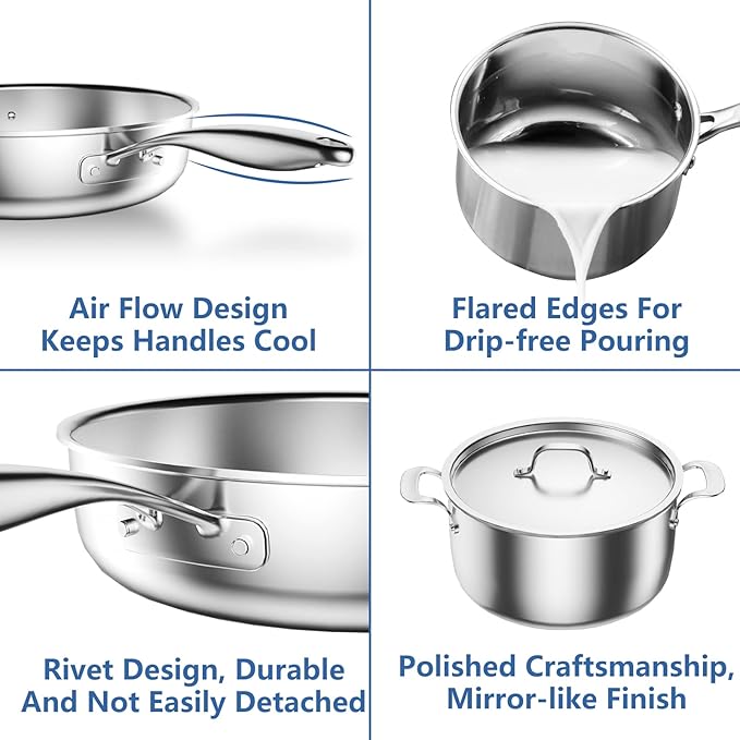 Nuwave Pro-Smart 9pc Stainless Steel Cookware Set Heavy-Duty Tri-Ply 3.1mm Thickness 18/10SS Space Saving Nestable Design Stay-Cool Handles Induction-Ready Works on All Cooktops 20Yeär Wärranty