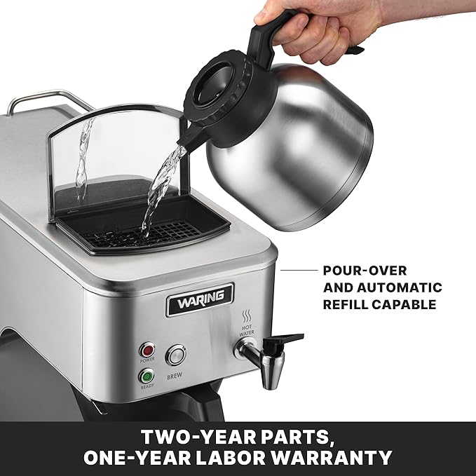 Waring WCM60PT Café Deco Automatic or Pour Over Thermal Carafe Coffee Brewer Stainless Steel Construction Hot water faucet Can be Plumbed or Used as a Pour Over No Warmers 120V 5-15 Phase Plug