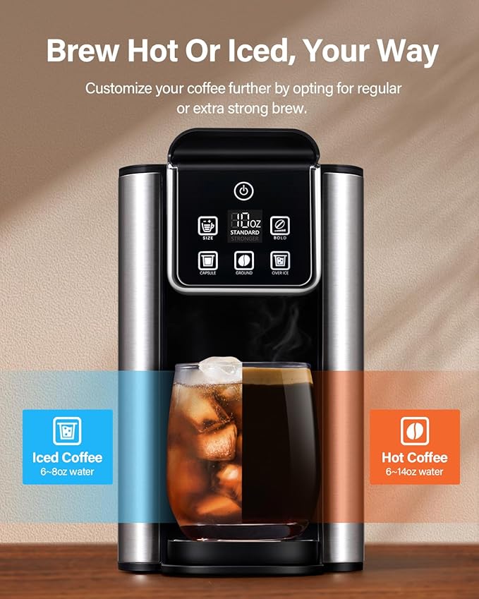 SHARDOR Single Serve Coffee Maker Hot and Iced Coffee Machine for K Cup Pods &amp Ground Coffee 6 to 14 Oz Brew Sizes with 50 oz Large Water Tank Removable Drip Tray Stainless Steel