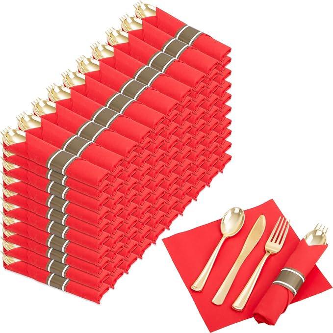 Nervure 400PCS Pre Rolled Gold Plastic Silverware Sets - Heavy Duty Gold Cutlery - Include 100 Pack Wrapped Disposable Utensils with Red Napkins for Christmas &amp Party &amp Wedding