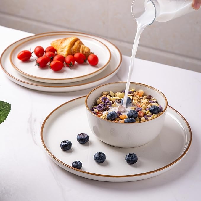 GBHOME Ceramic Dinnerware Sets for 4 12 Pieces Stoneware Plates and Bowls Sets Scratch Resistant Dishes Dishwasher &amp Microwave Safe Reactive Glaze-White