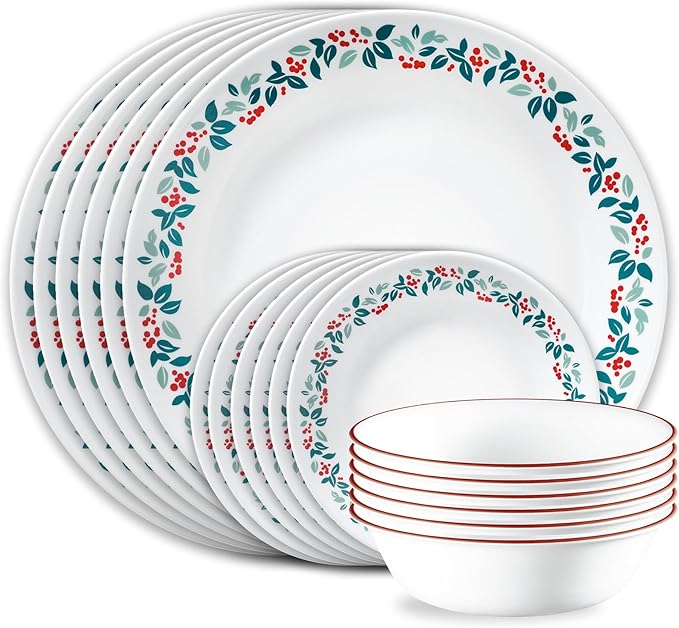 Corelle Vitrelle 18-Piece Christmas Service for 6 Dinnerware Set Triple Layer Glass and Chip Resistant Lightweight Round Holiday Plates and Bowls Set Winter Berries