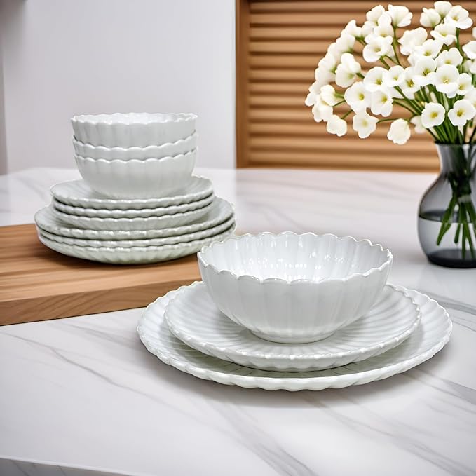 DOMINI 12-Piece Sunflower shape Ceramic Kitchen Dinnerware Set Service for 4 Porcelain Dishes Dinner Set with Dinner Plates Dessert Plates and Pasta BowlsRound-White Sunflower shape