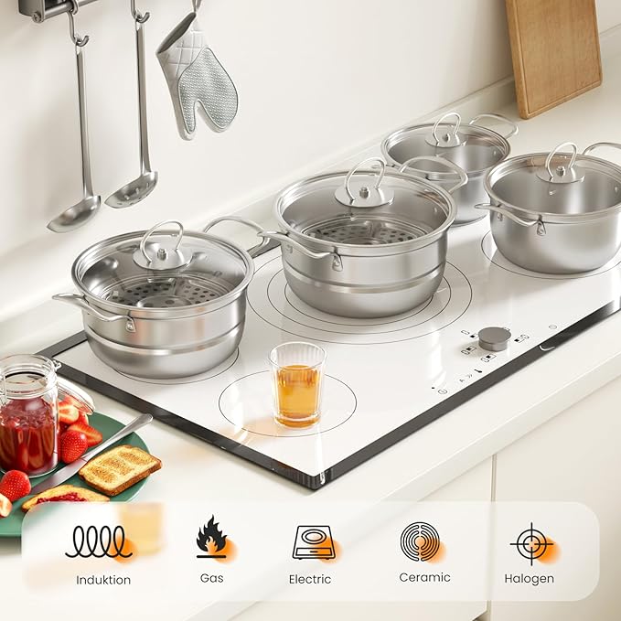 Stainless Steel Cookware Set 12 Piece Pots Set with Steamer and Spoon Kitchen Induction Cookware Set Works with Induction Kitchen Cooking Set with Glassuncoated (Gray silver)