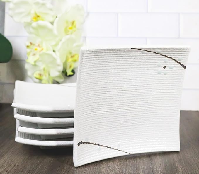 Ebros Gift Modern Yukino Hana Snow Flowers Ceramic Dinnerware Serveware Kitchenware Set Oriental Asian Restaurant Supply (Pack Of 5 Square Appetizer Dessert Salad Plates)