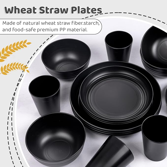LIYH 16 Pcs Black Wheat Straw Dinnerware Set - Unbreakable Plates and Bowls Sets Dish Sets for 4 Black Plastic Dinnerware Set Include Wheat Straw Dinner Plates Bowls Cups Kitchen &amp Camping
