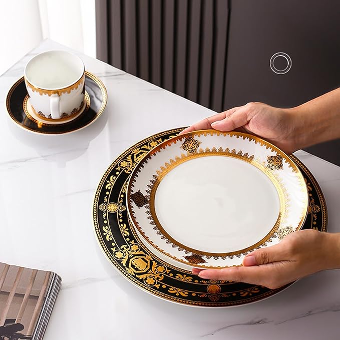 16 Piece Dinnerware Sets for 4 Bone China dishes set with Dinner Plate coffee cups and saucersScratch Resistant Dishwasher Safegold